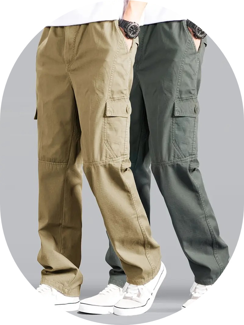 A pair of relaxed-fit men's cargo pants in olive green, featuring multiple utility pockets, a straight leg cut, and a cotton canvas texture, shown from the front on a neutral background.