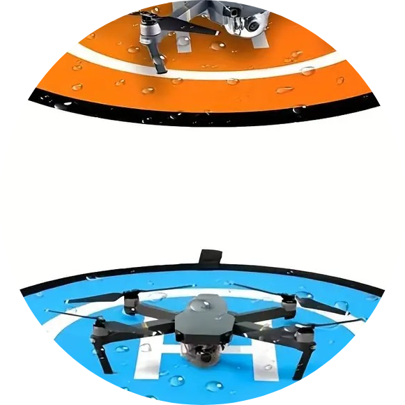 A lightweight drone hovering above an open green field with a clear blue sky and trees in the background.