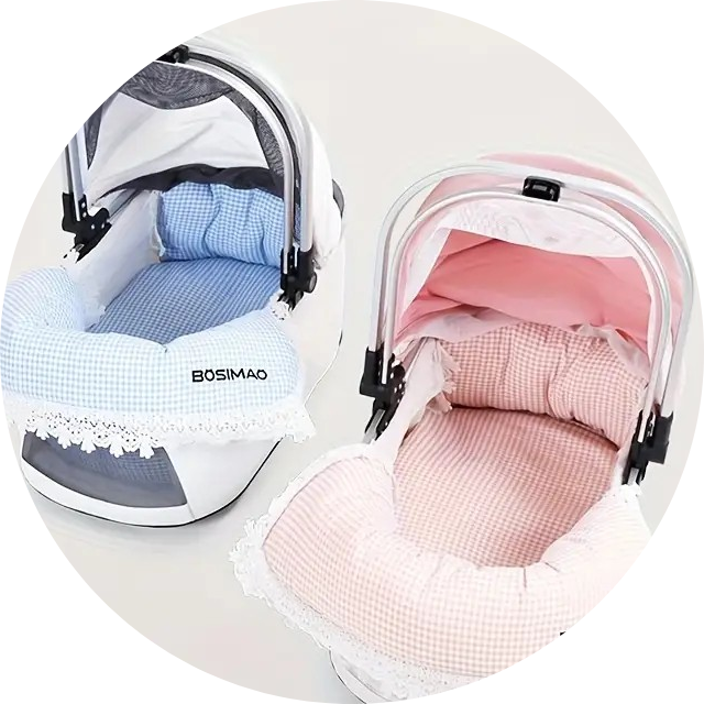 A soft, plush pet bed sitting on a wooden floor next to a couch, with a pet toy resting inside.