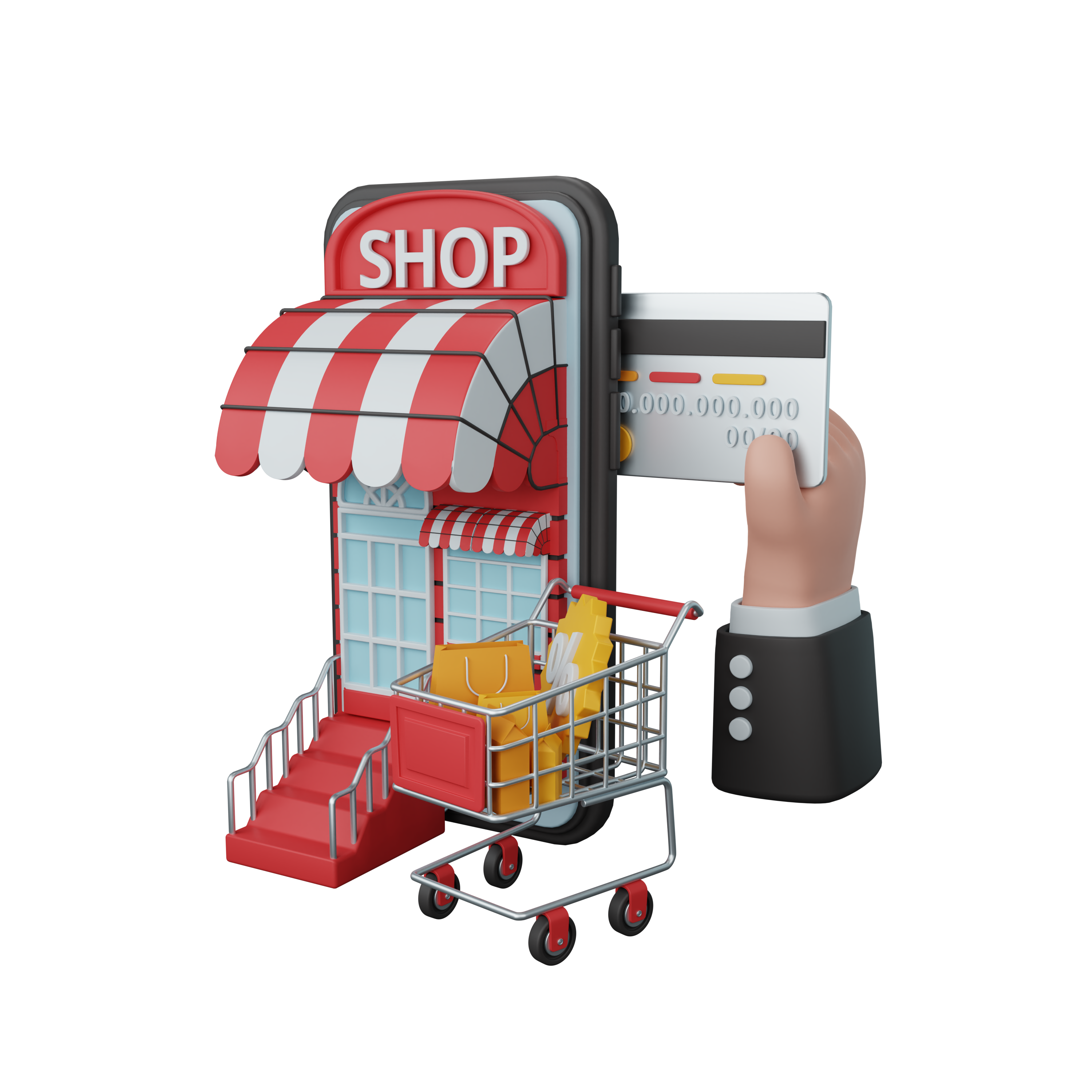 A laptop open on a modern desk showing an ecommerce dashboard with sales graphs, product listings, and a shopping cart icon, next to a coffee cup and a smartphone.