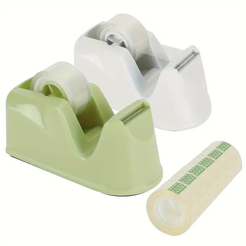 A roll of clear packaging tape, a small tube of super glue, and a set of metal fasteners laid flat on a clean white surface.